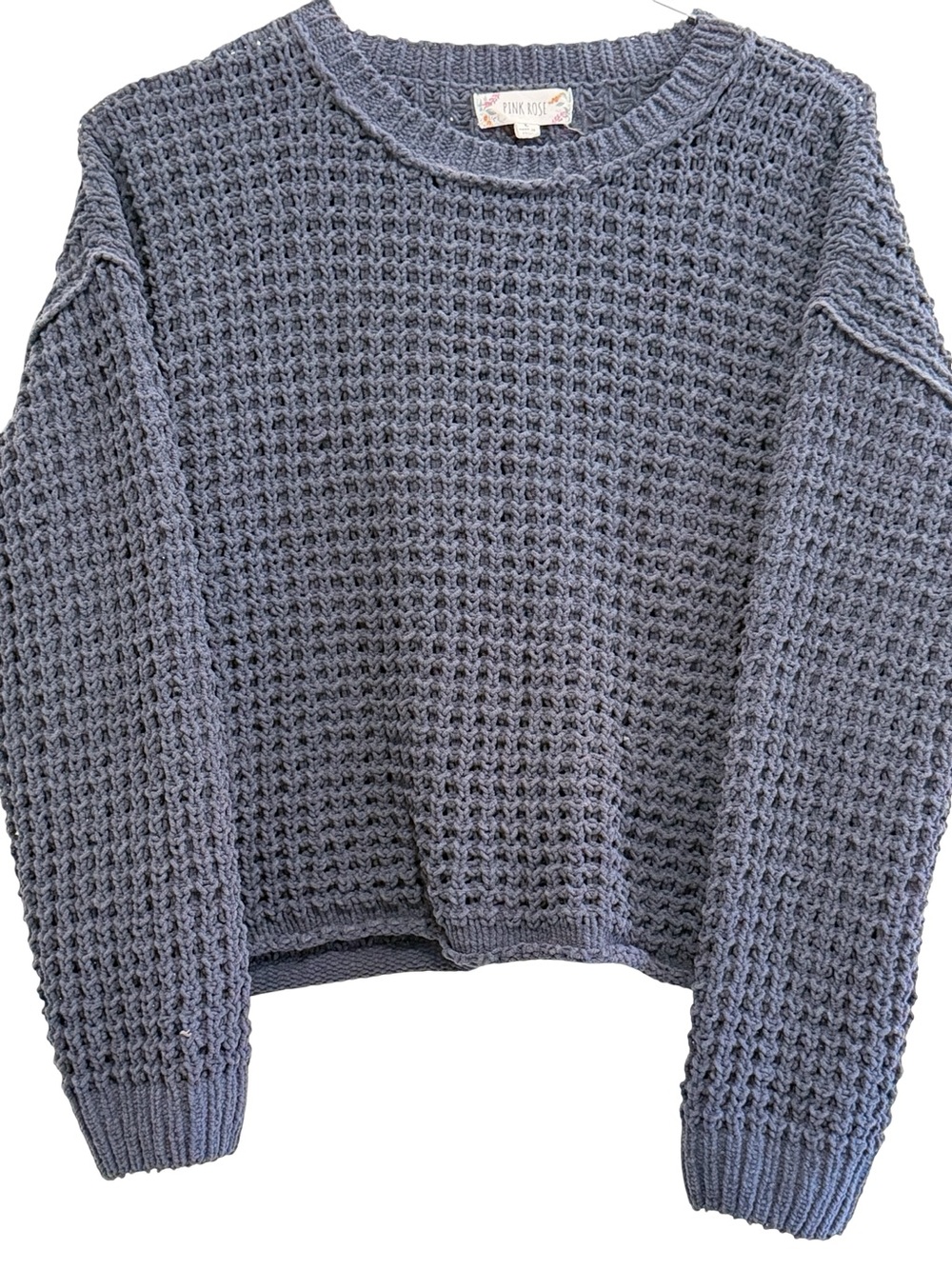 Pink Rose Waffle Knit Crewneck Sweater - Slate Gray Blue